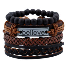 Vintage Boho Punk Rope Wrap Believe Tag Charm Braided Rope Bracelet Multi Layers Leather Bracelets for Men and Women